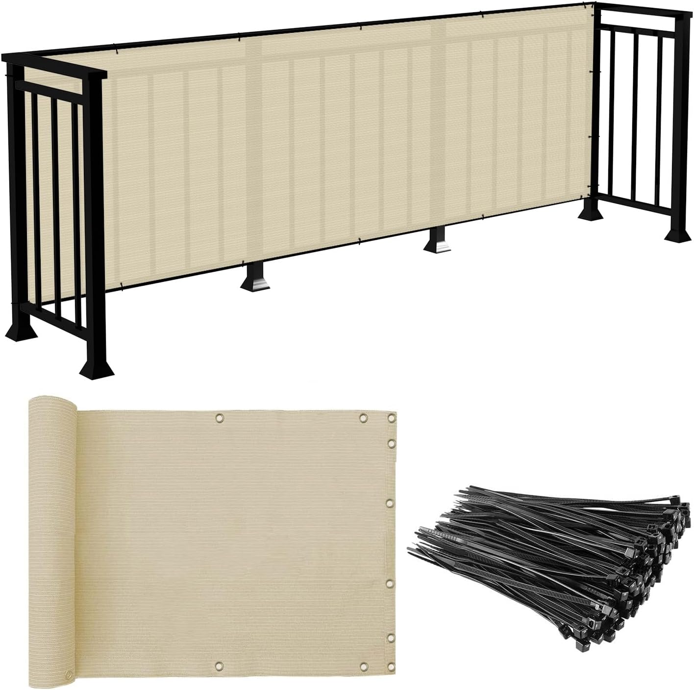 E&K Sunrise 3' x 50' Balcony Privacy Fence Screen Cover with Zip Ties Outdoor Screen Fence UV Protection for Deck Patio Backyard Apartment Pool Porch (Beige)