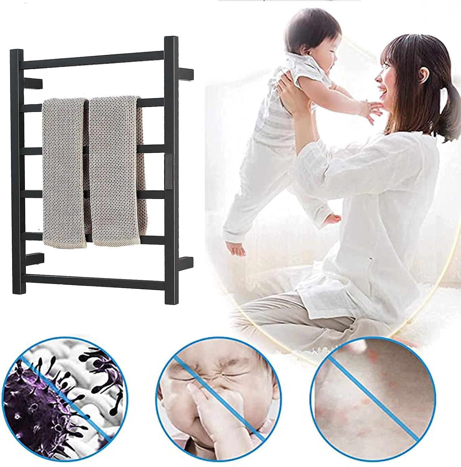 Electric Towel Warmer, 6 Bars Heated Towel Rack for Bathroom Wall Mounted Square Drying Rack, 304 Stainless Steel Heated Towel Rail Radiator,Plug in (Hardwired)