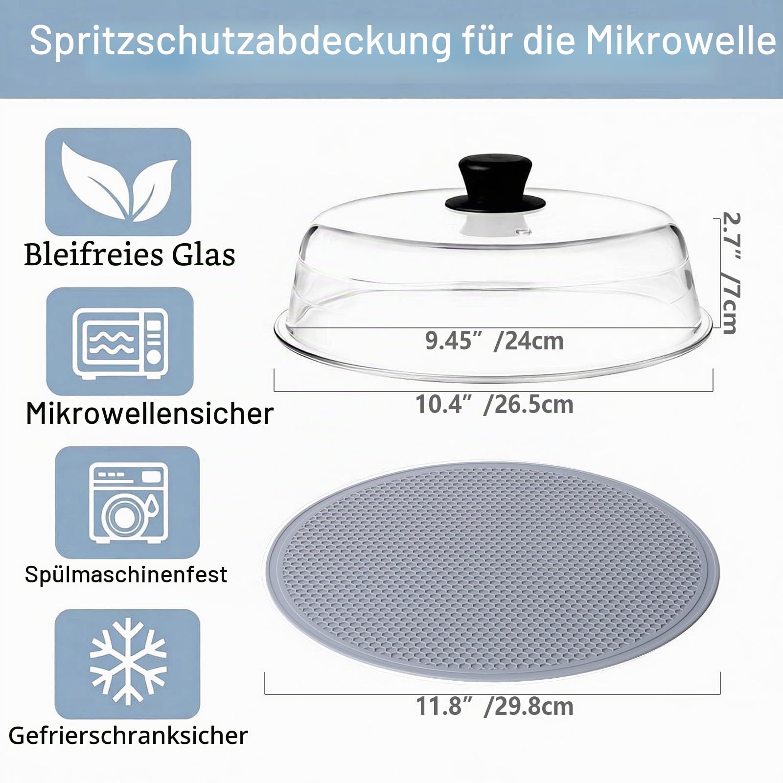 YBCPACK Mikrowellen Abdeckung Glas mit Silikonmatte, 26,5 cm Abdeckhaube Mikrowelle mit Griff – BPA-freier Microwave Cover für Lebensmittel (Spülmaschinenfest)