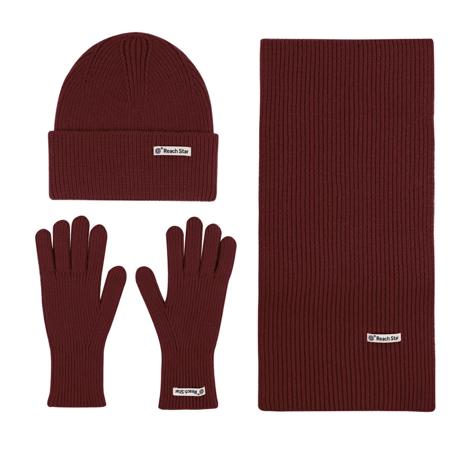 Wintermütze Schal Handschuhe Set Einfarbige Strickmütze, Winterwarme Dicke Wollmütze, Und Handschuhe-Set-Leuchtend Rot