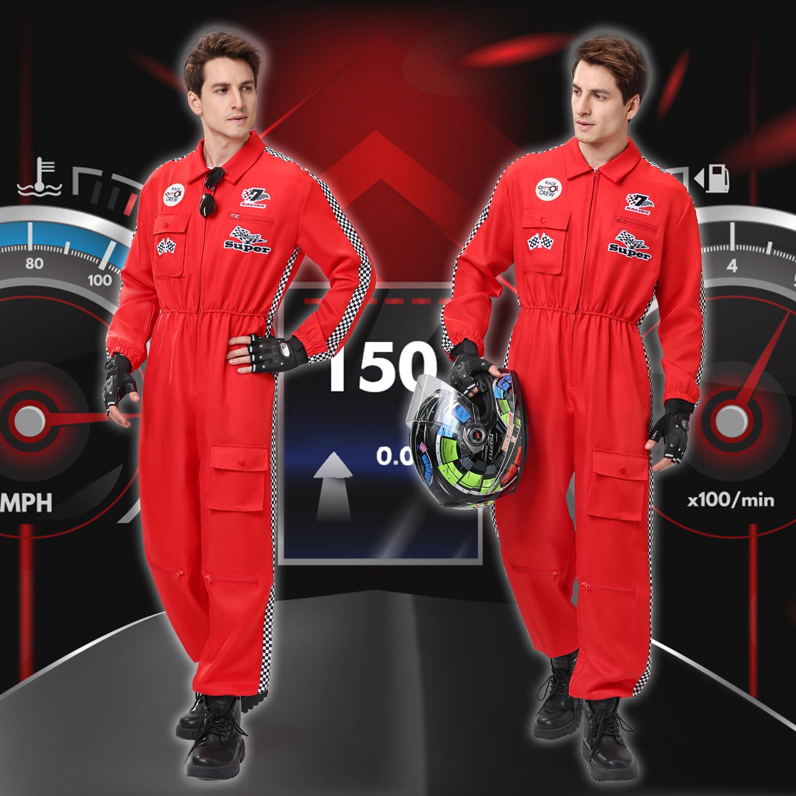 BuzzoXerex Rennfahrer Kostüm Herren, Rennfahrer Anzug Herren mit Hüte, Sonnenbrille, Handschuhe Sonnenbrille Rennfahrer Kostüm Overall Jumpsuit für Karneval, Party, Cosplay (Rot, XL)