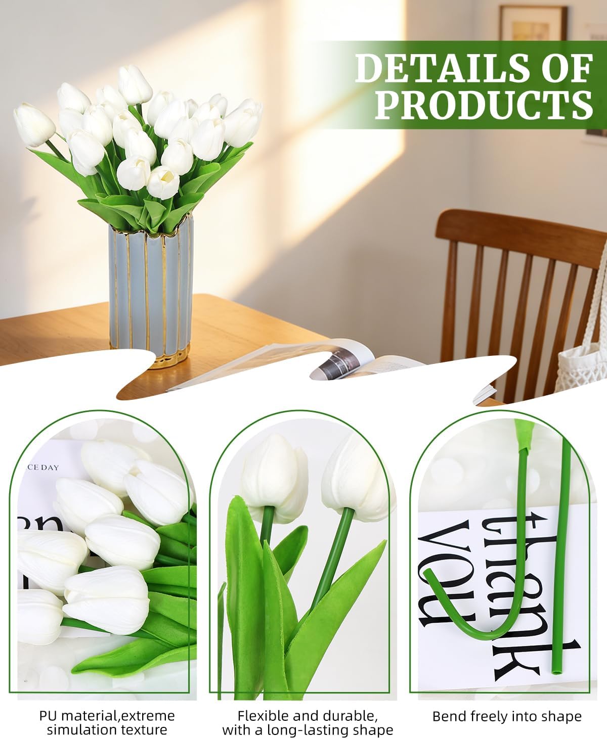 25 Pcs White Tulips Artificial Flowers PU Fake Flowers Real Touch Tulips Flower Bouquet for Wedding, Spring Decor, Home, Centerpiece Table Decorations (White Tulips)
