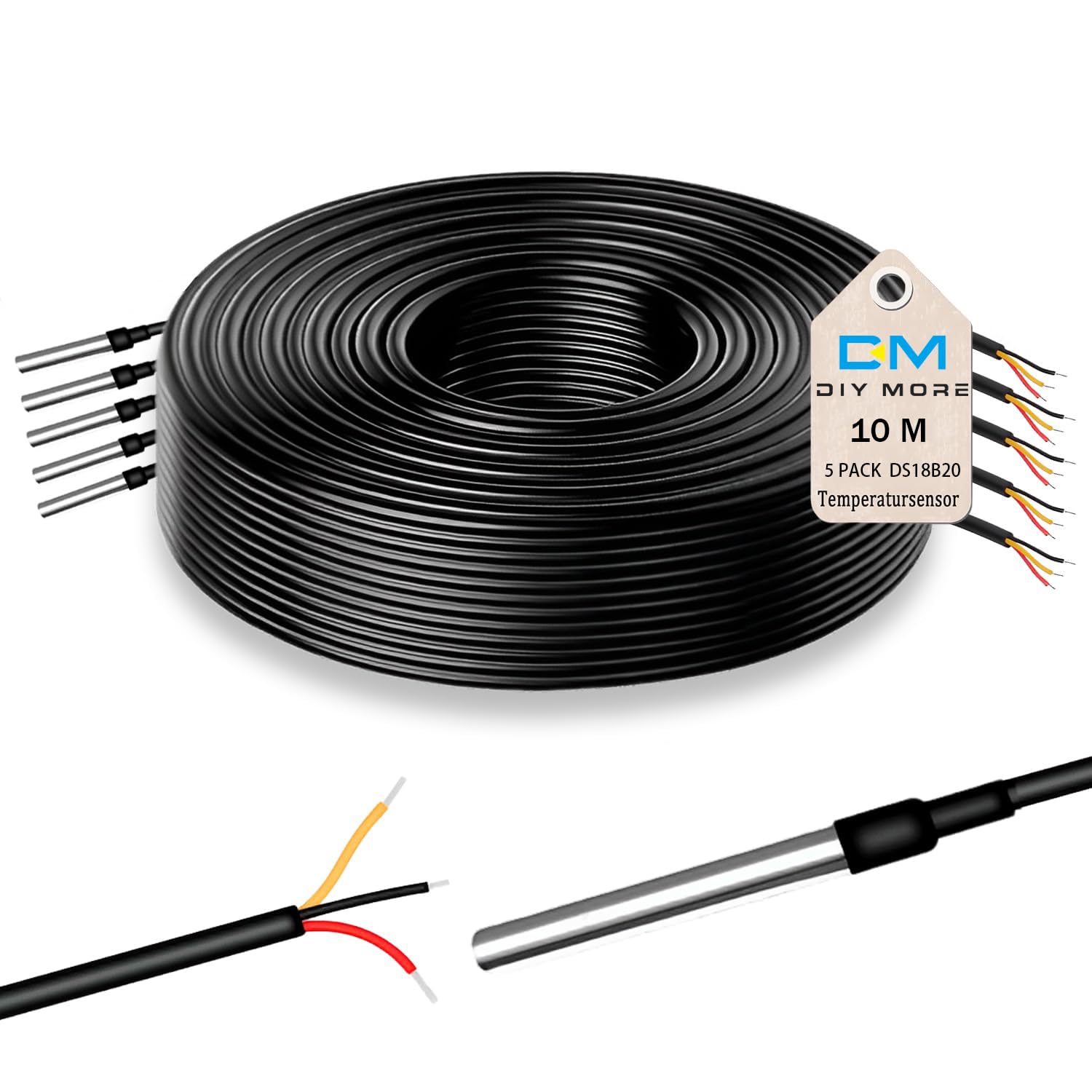 Diymore DS18B20 Temperature Sensors, 5pcs 10M Waterproof Digital Probes with Stainless Steel Cable for Arduino, Raspberry Pi & Shelly Projects
