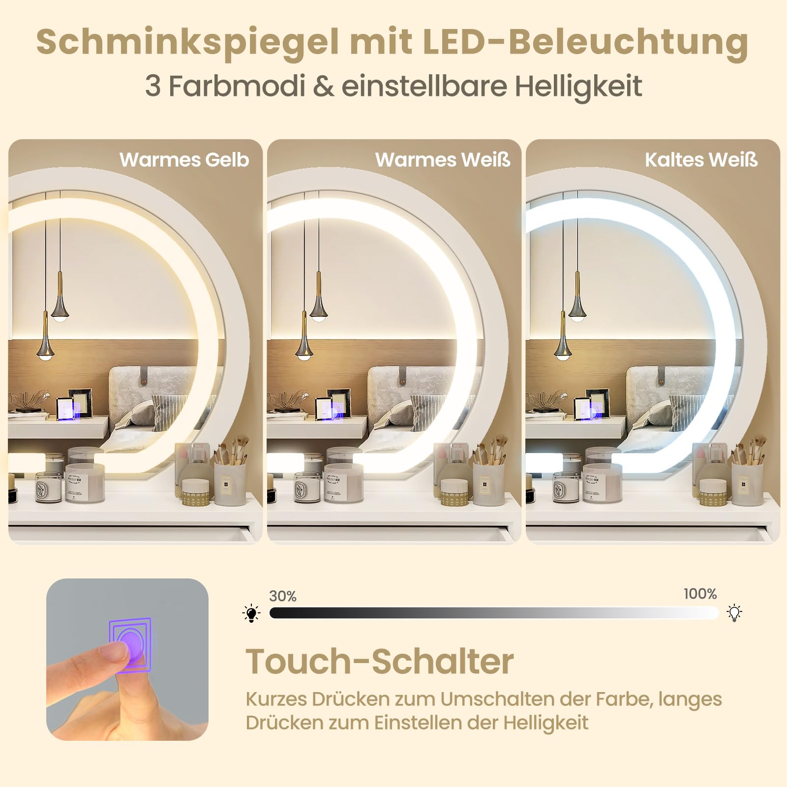 COSTWAY Spiegel mit 2 Schubladen Schminktisch Runder Schminkspiegel Spiegelschrank Frisiertisch Kosmetiktisch