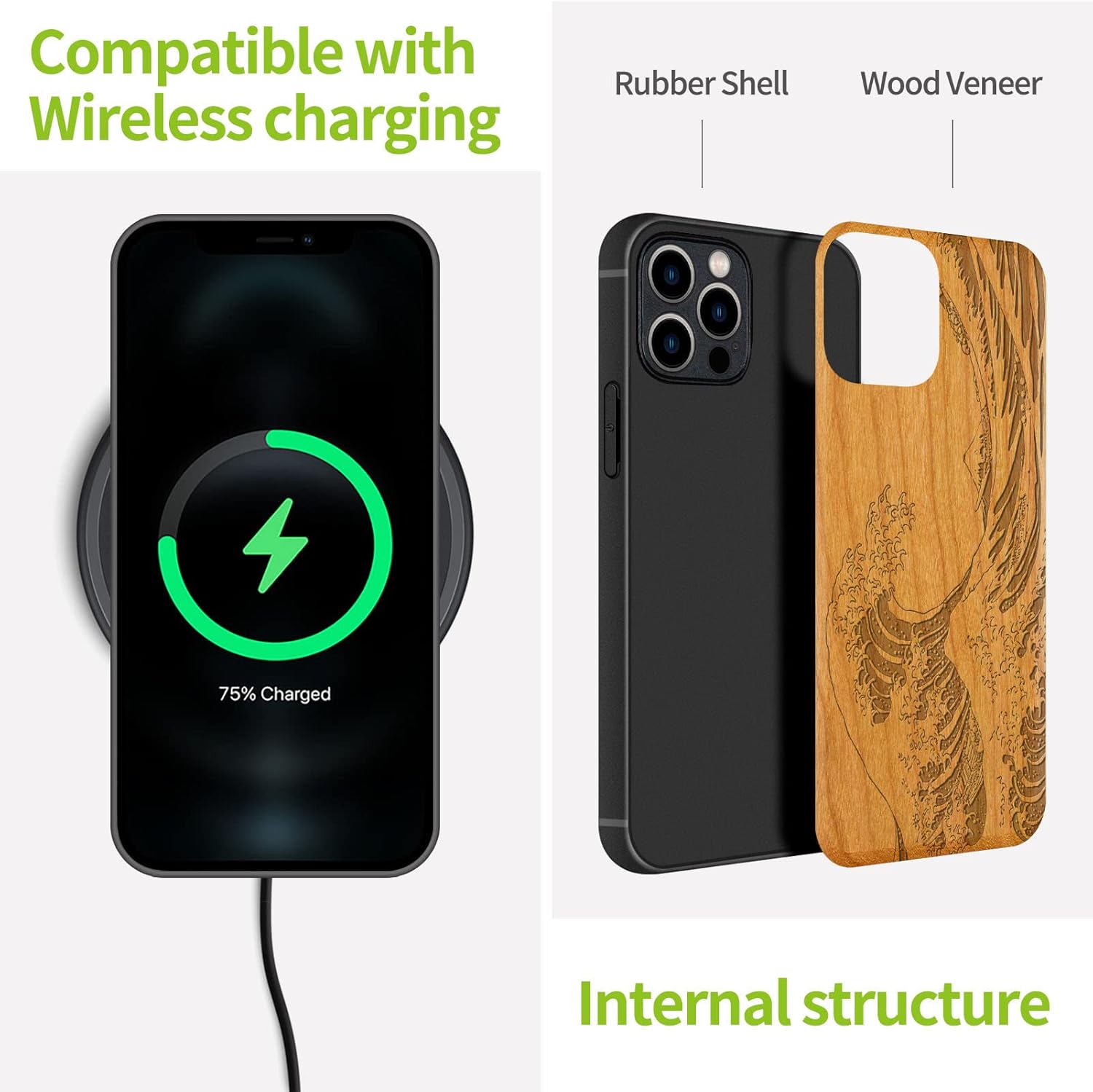 Carveit Magnetic Wood Case for iPhone 12 Pro Max [Natural Wood & Soft TPU] Shockproof Protective Unique & Classy Wooden Cover Compatible with MagSafe (The Great Wave Off Kanagawa-Cherry)