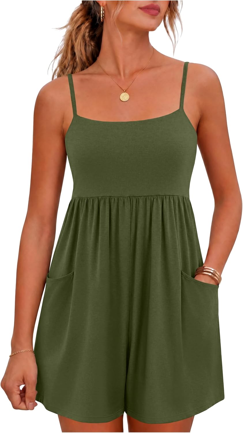 Women's Cotton Summer Romper Jumpsuit with Shorts and Pockets – Adjustable Spaghetti Straps