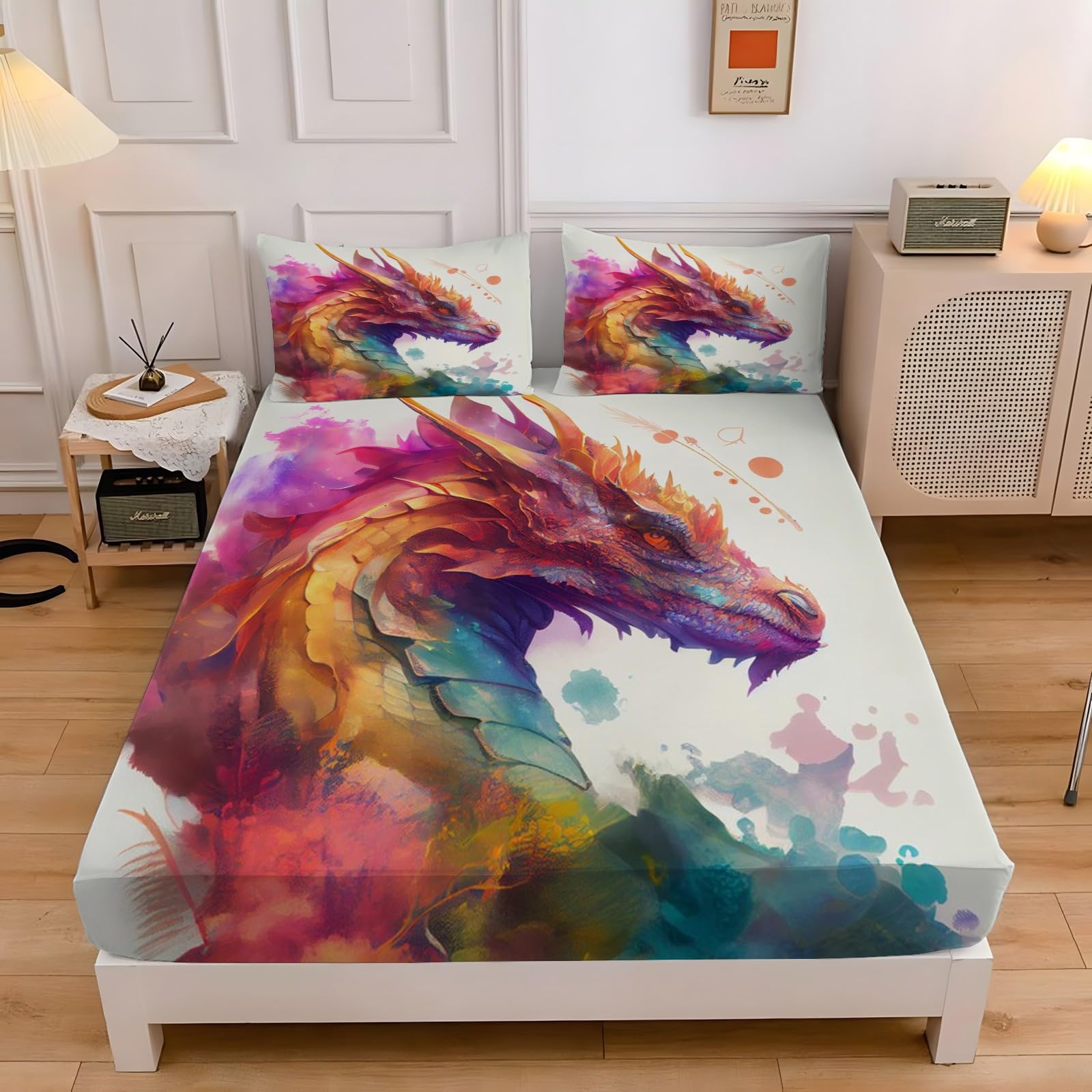 Prześcieradło z gumką 180 x 200 Dragon, prześcieradło z gumką z nadrukiem Mytic Beast, miękkie, elastyczne prześcieradło z gumką z 2 poszewkami na poduszkę 50 x 80 cm, na materac o wysokości 30 cm