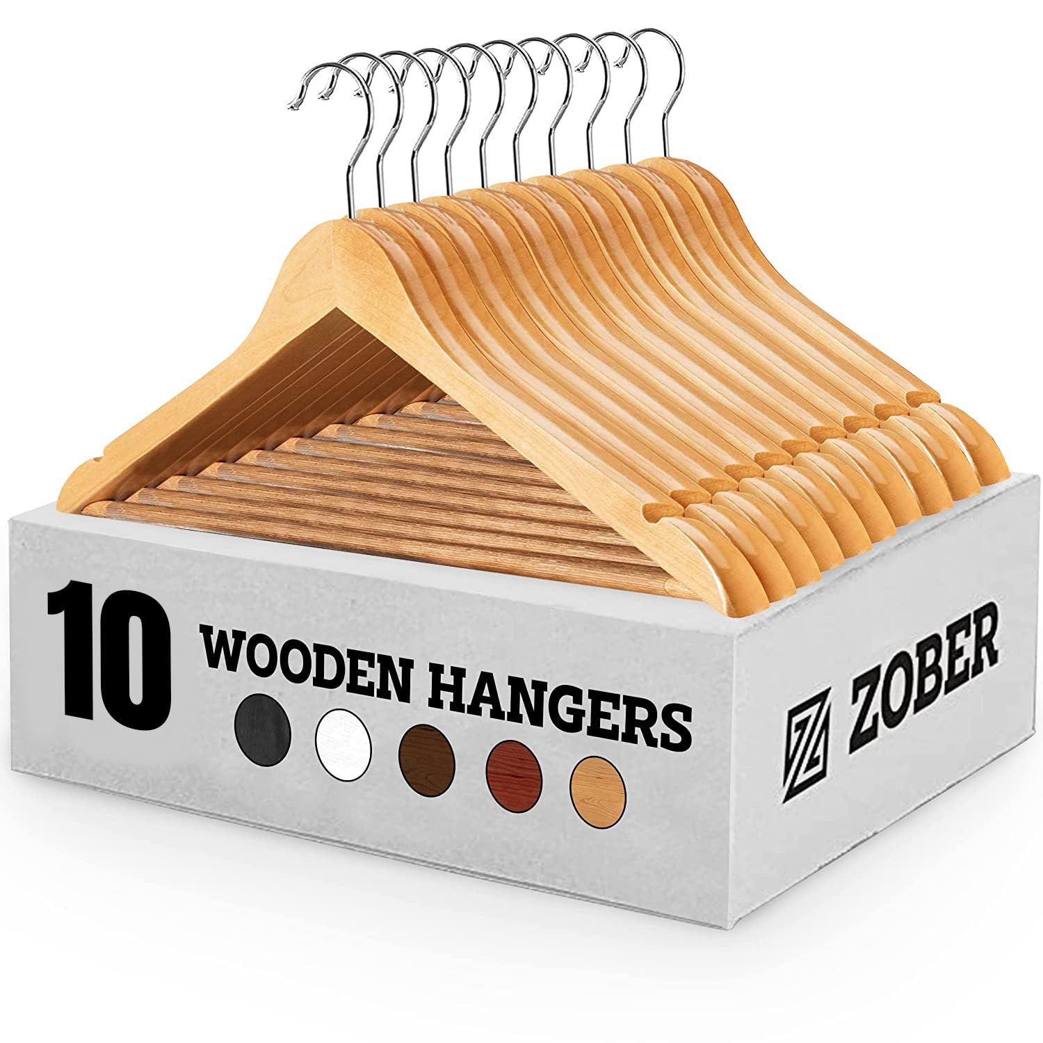 Zober Wooden Suit Hangers Pack of 10 with Non Slip Pants Bar - Smooth Finish Solid Wood Coat Hanger with 360° Swivel Hook and Precisely Cut Notches for Camisole, Jacket, Pant, Dress Clothes Hangers (B0C4FBR7SF) Amazon Price History, Amazon Price Tracker