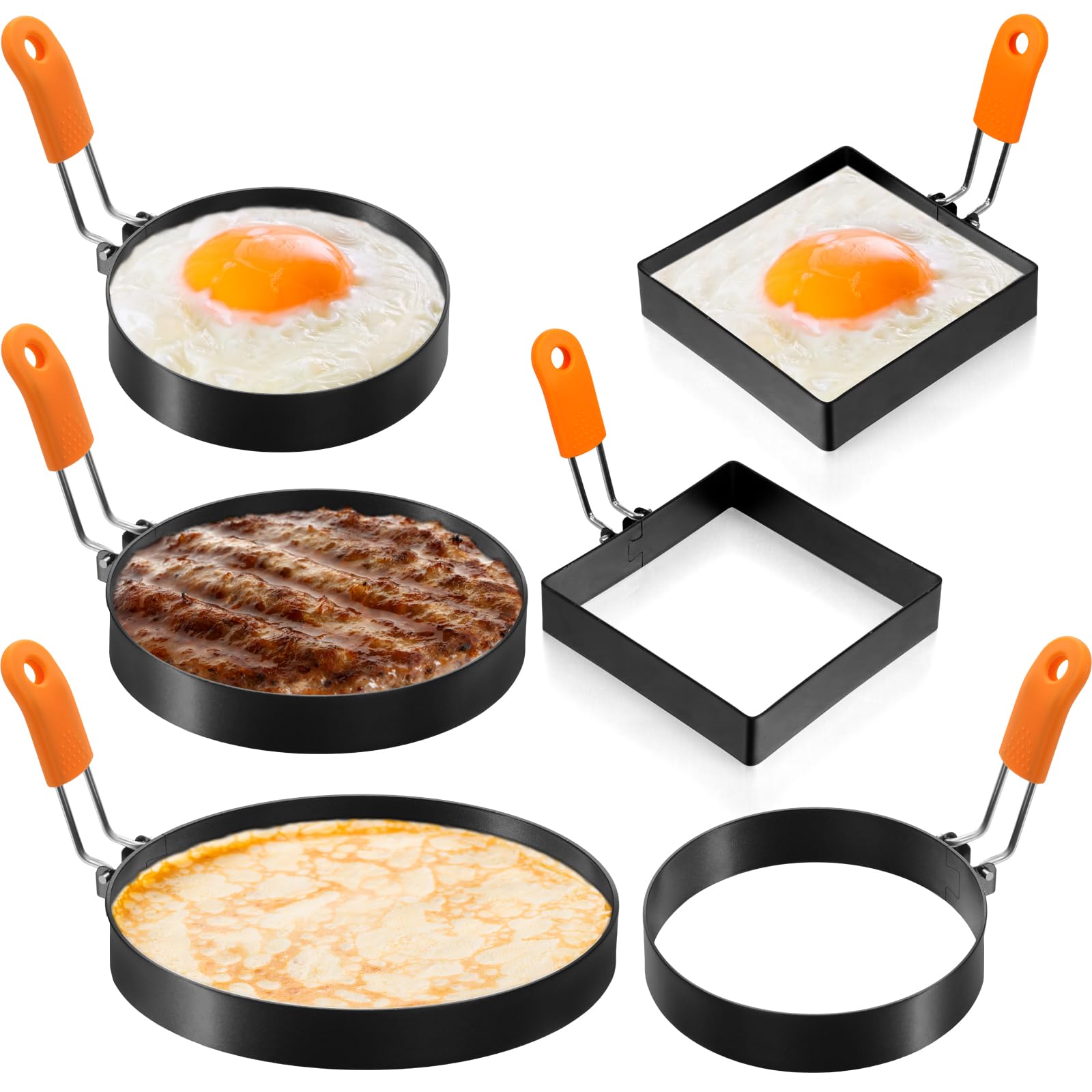 Patelai6 Pcs Egg Ring Pancake Ring Set Stainless Steel Fried Egg Molds Griddle Pancake Shapers with Silicone Handle for Breakfast Omelette Sandwich(Square, Round,4 Inch, 6 Inch, 8 Inch)
