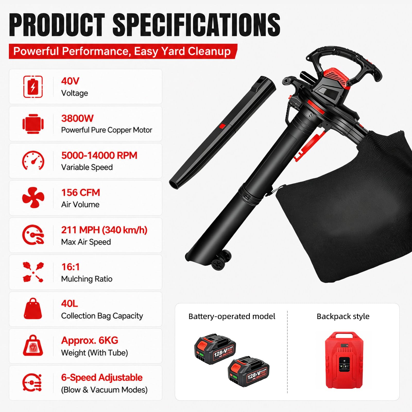 3800W Aspirateur Souffleur Broyeur Feuilles sans Fil 20000mAh