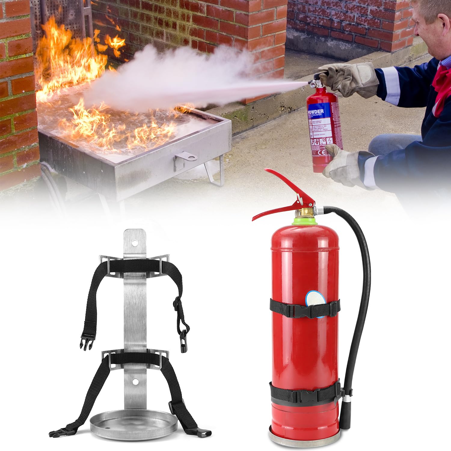QWORK Paquete de 2 soportes de metal para extintor de incendios, soporte de pared de acero inoxidable resistente compatible con extintores de incendios de 6 a 9 libras, correas ajustables, para el
