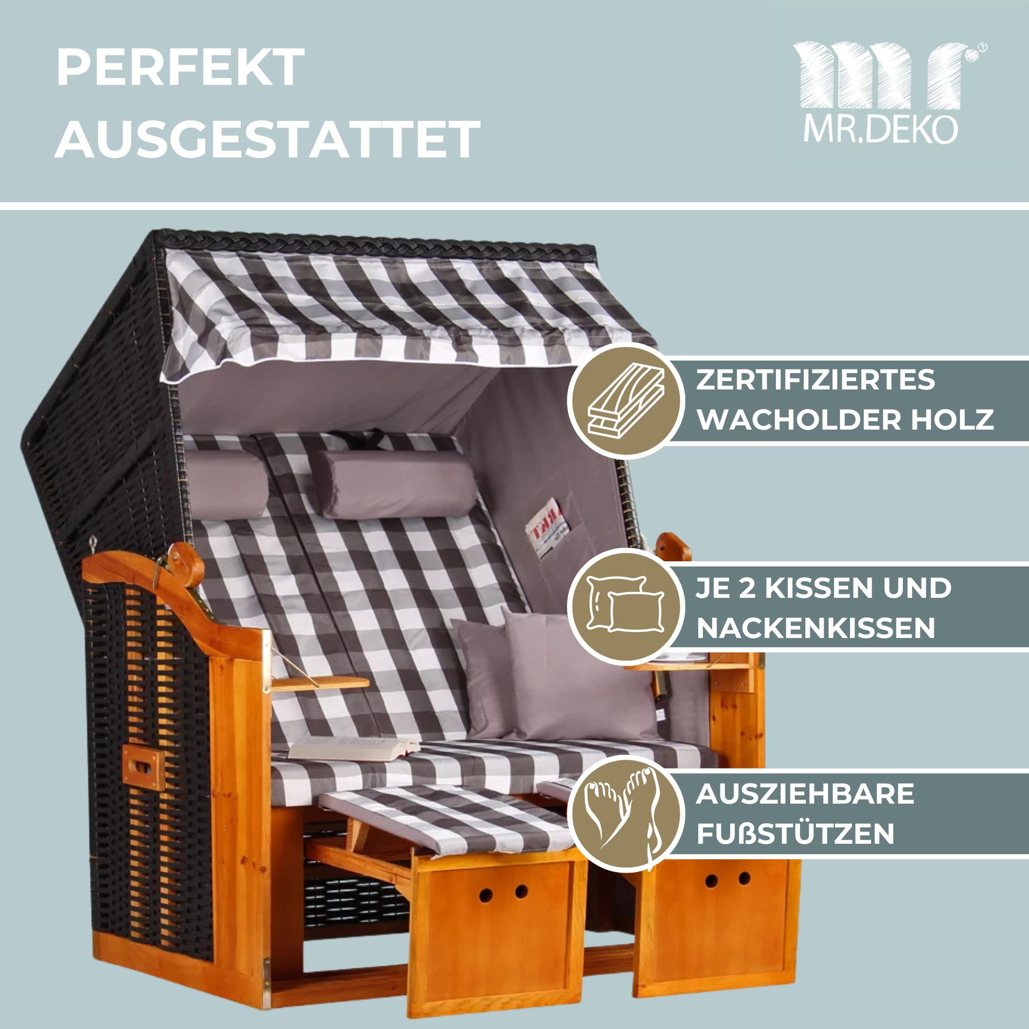 MR. DEKO Strandstoel 'Ostsee' 2-zits – Volledig Liggend, PE-vlechtwerk Zwart, Incl. 4 Kussens En 2 Klaptafels, Hardhout, Voor Tuin En Terras