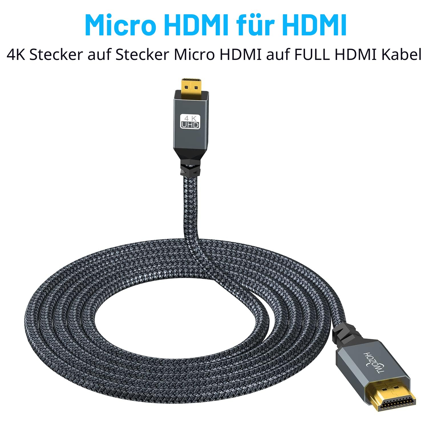 Twozoh Micro HDMI auf HDMI Kabel 5M, High-Speed HDMI auf Micro HDMI geflochtene Schnur Unterstützung 3D 4K/60Hz 1080p