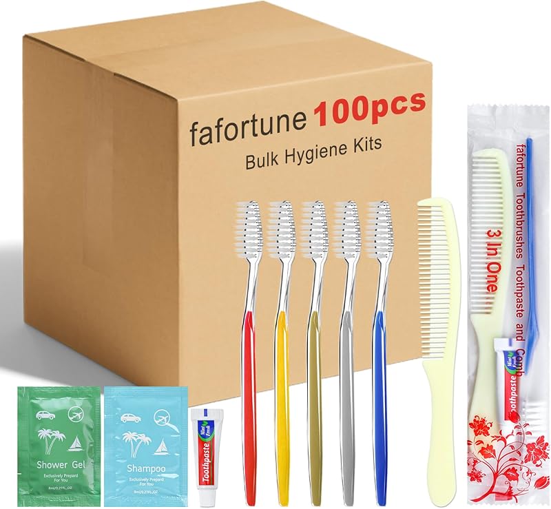 Kit de higiene fafortune com 100 conjuntos, escovas de dentes descartáveis, creme dental, pentes, shampoo e gel de banho