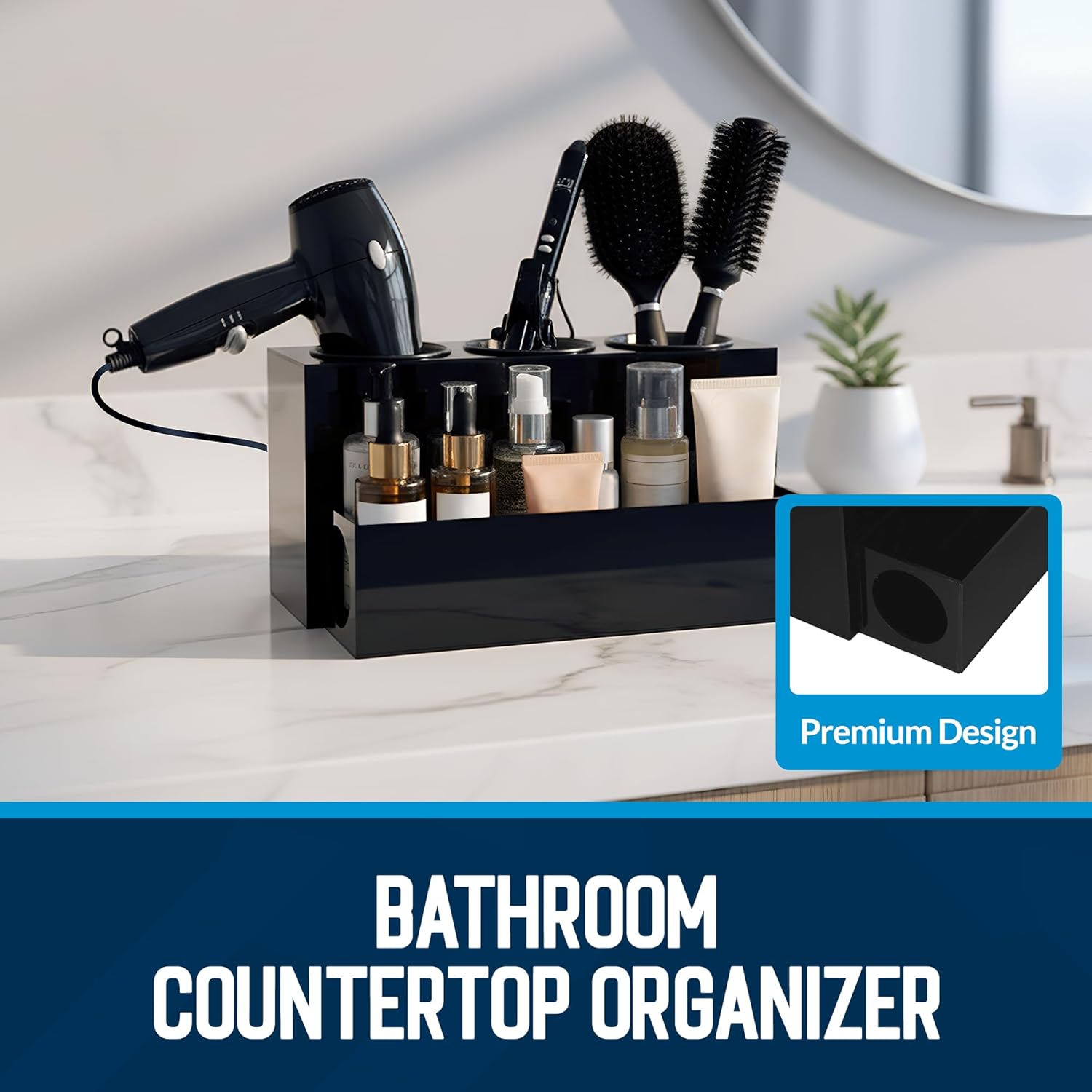 Hair Tool Organizer for Bathroom Vanity – Blow Dryer Holder with Stainless Cups for Hair Dryer, Curling Iron & Straightener, Countertop Hot Tools Holder and Hair Tool Storage (BLACK)