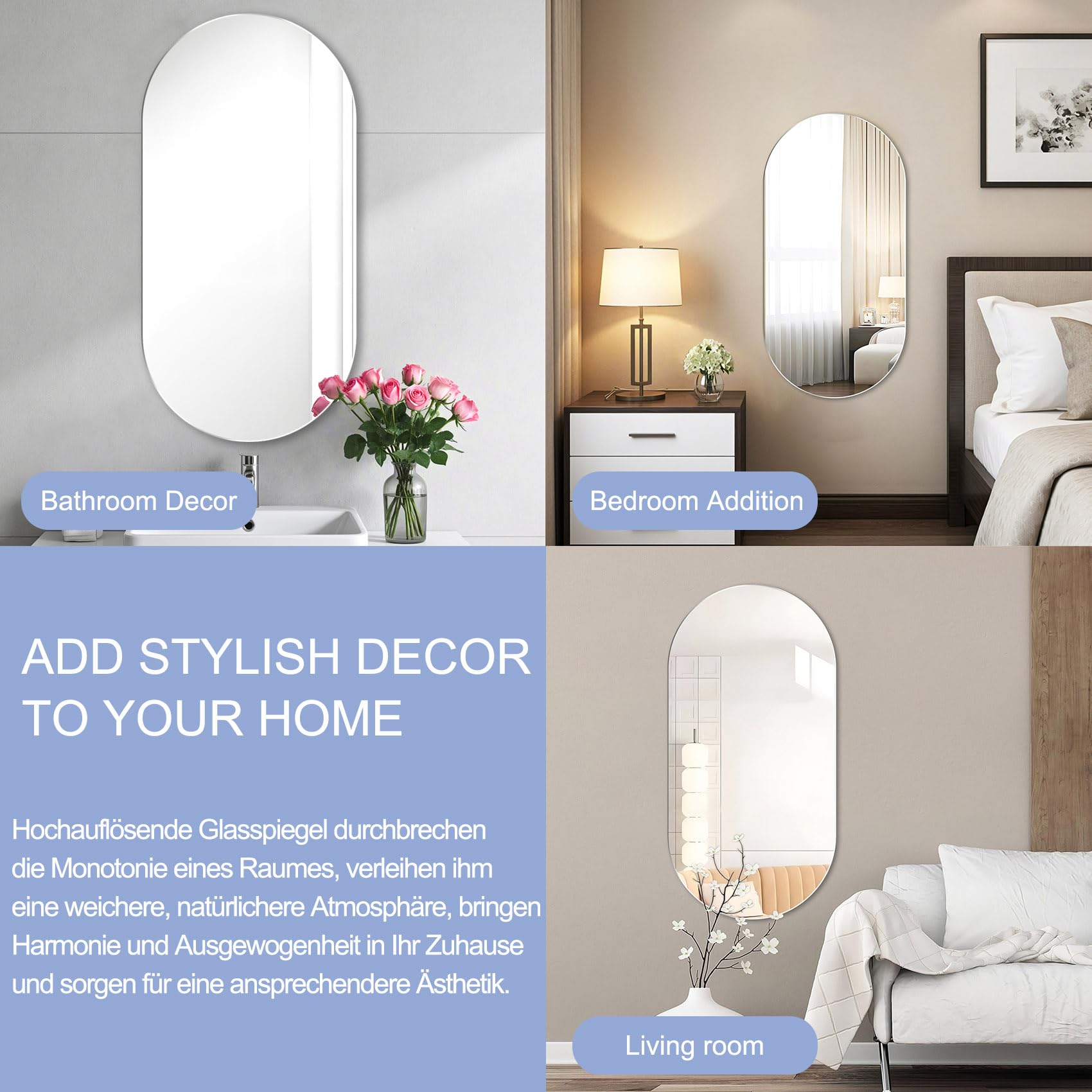 Specchio da Parete Ovale 30 x 60 cm Senza Cornice Specchio Ovale Moderno Specchio da Parete Grande Decorativo per Bagno Ingresso Soggiorno | Specchio da parete ad arco rotondo, senza cornice, per bagno, camera da letto, ingresso, soggiorno