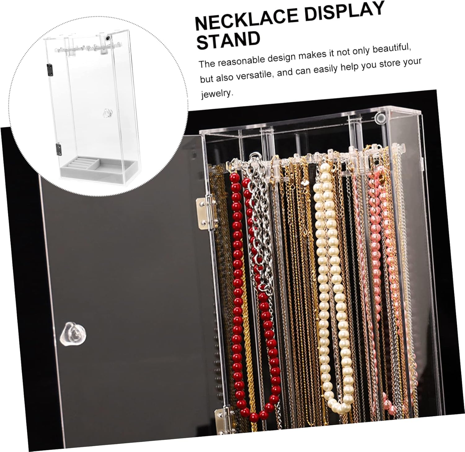 Clear Acrylic Necklace Holder with Rotatable Hooks and Dustproof Tray Transparent Jewelry Organizer Stand for Necklaces Bracelets Rings and Earrings Stylish Desktop Display Rack