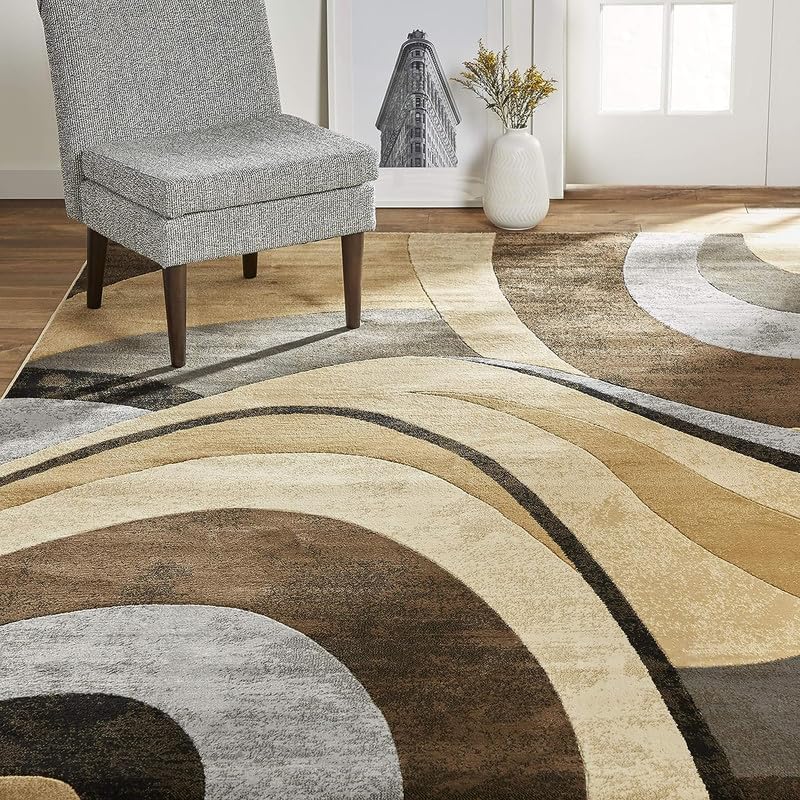 Hand Tufted Abstract Area Rug – Modern Beige Brown Grey Curved Wave Design Wool Carpet for Living Room, Bedroom & Office 5 x 8 feet-image-3