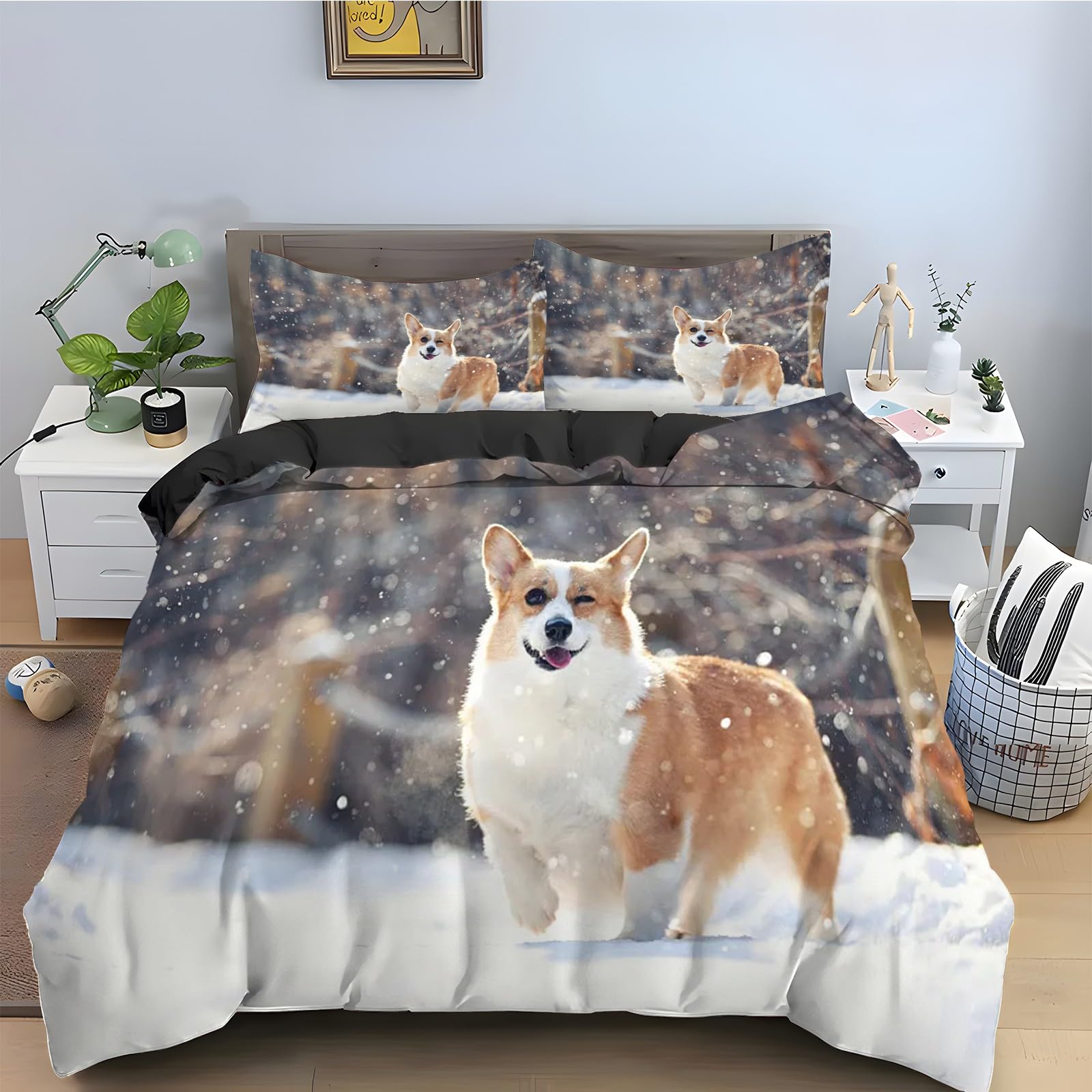 Housse de Couette 160x200 Corgi avec 2 Taies d'Oreiller en Microfibre