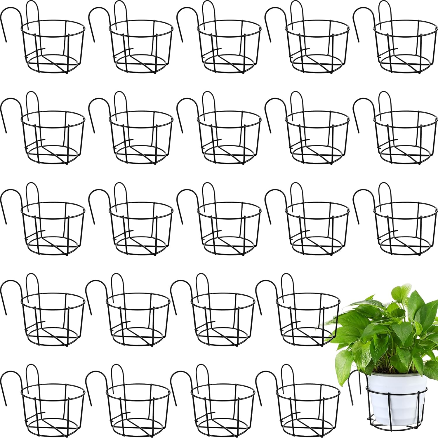Dandat 24 Pcs Round Hanging Railing Planters 6 Inch Metal Flower Pot Holder Black Potted Stand Iron Rack Balcony Planter Basket Small Shelf Container for Indoor Outdoor Balcony Fence Garden