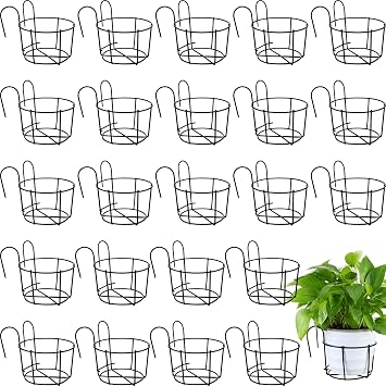 Dandat 24 Pcs Round Hanging Railing Planters 6 Inch Metal Flower Pot Holder Black Potted Stand Iron Rack Balcony Planter Basket Small Shelf Container for Indoor Outdoor Balcony Fence Garden