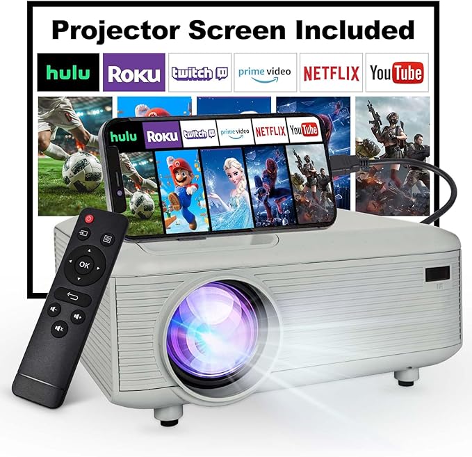 Mini Projector with HDMI Cable, Upgraded Bluetooth Projector with Screen, 1080P Full HD Portable Projector, Movie Projector Compatible with TV Stick Smartphone/HDMI/USB, indoor & outdoor use