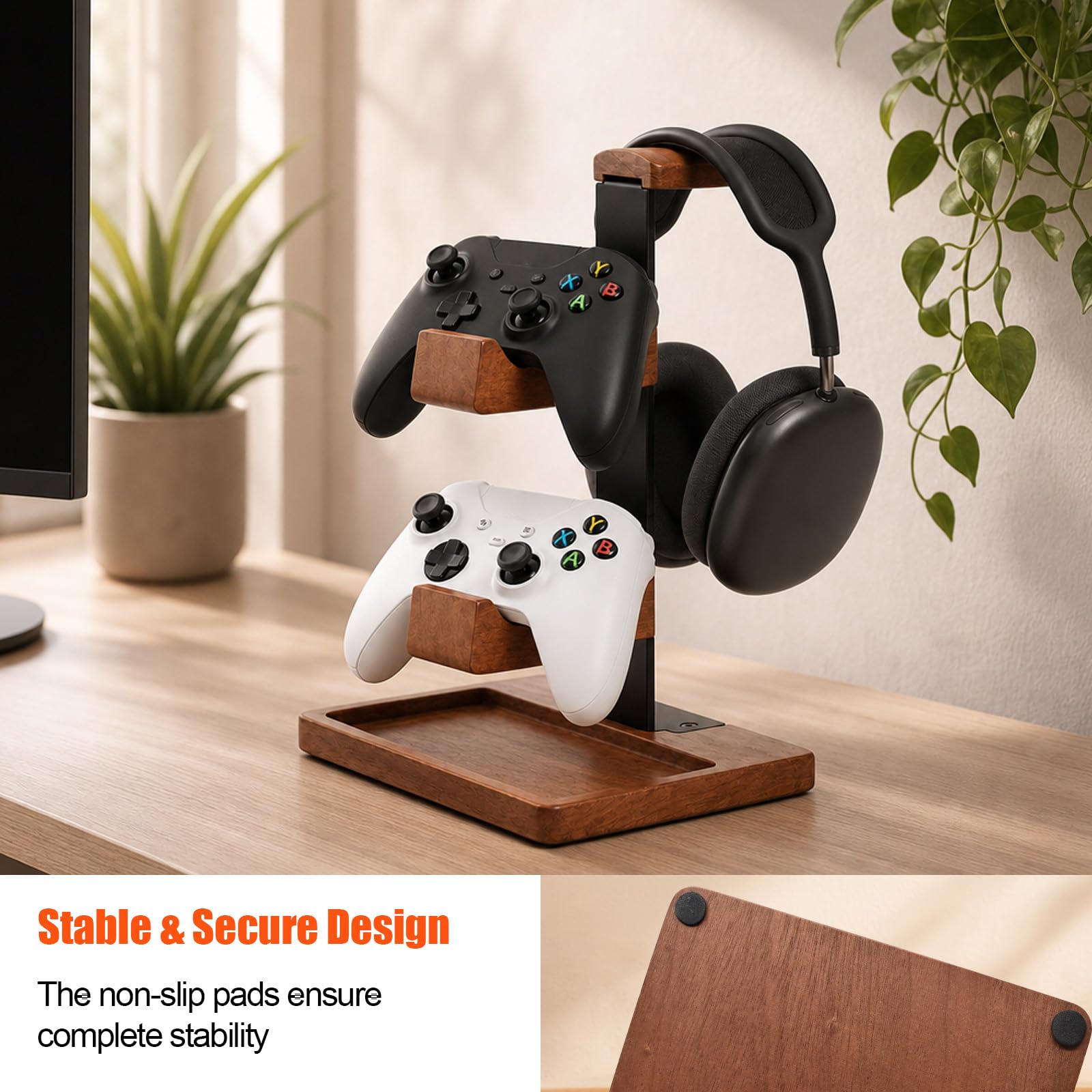 Controller Halter und Kopfhörer Ständer aus Holz, Tisch Headset Halterung mit Aufbewahrungsbasis, Universal Kopfhörerständer Gaming Zubehör