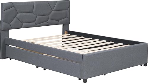 Miniatura 34 de Harper & Bright Designs Cama de plataforma tapizada de tamaño matrimonial con nido y cabecero, marco de cama tapizado de lino, no necesita somier