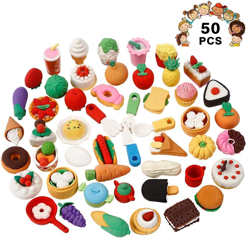 Geefia Pencil Erasers for Kids, 50 Pcs Assorted Food Cake Dessert Erasers, Birthday Party Favors School Classroom Rewards Novelty Toys