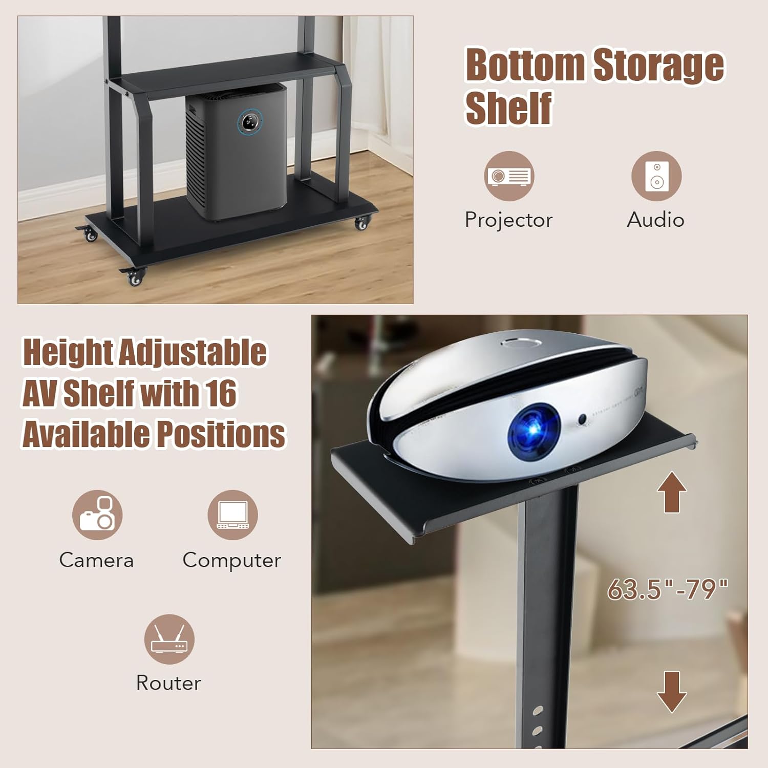 Mobile TV Cart with Wheels, Rolling TV Stand Height Adjustable Floor Stand for 32"-80" Flat Screen TVs, Media Console Cart TV Trolley with Camera Shelf & AV Shelves (Black)