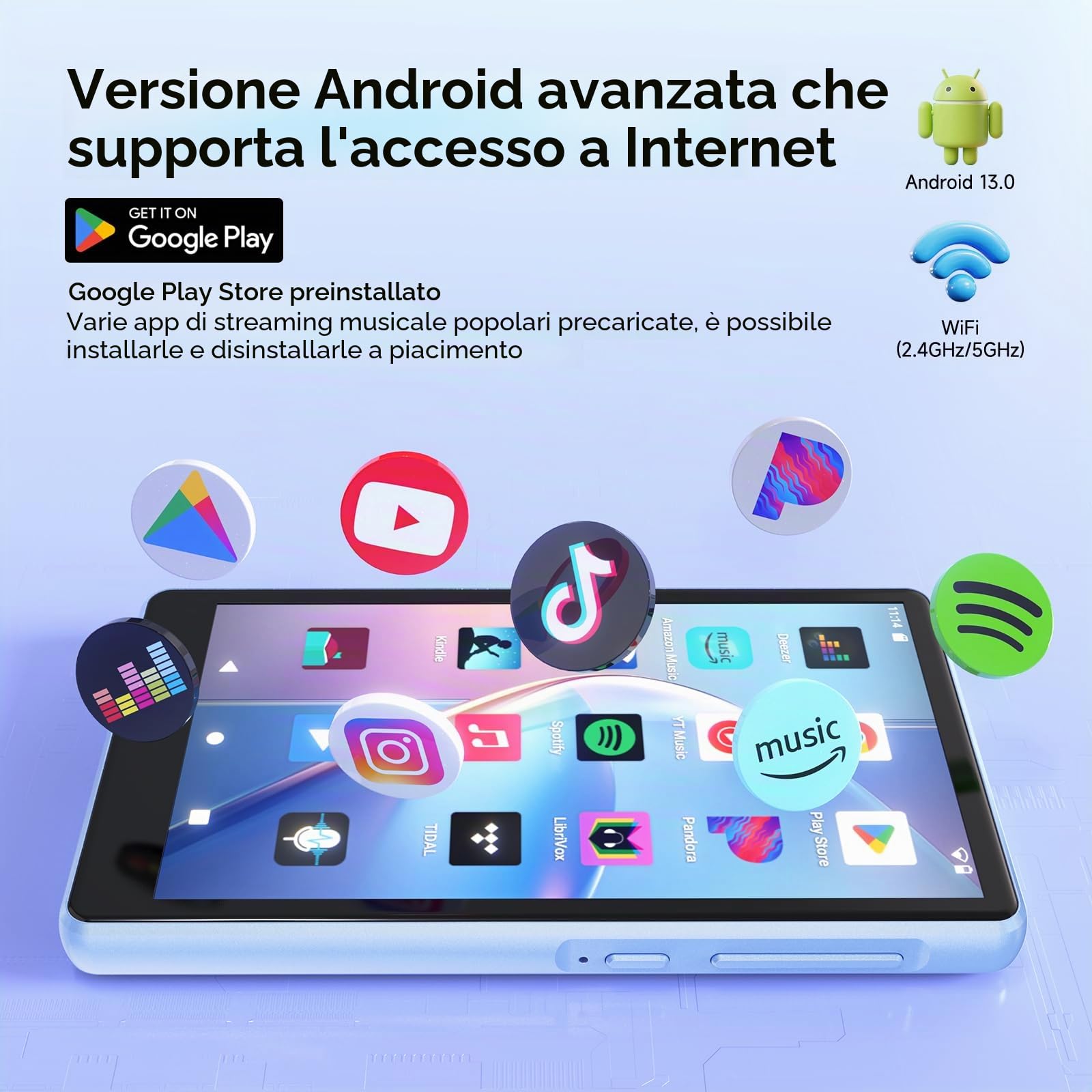 160 GB Lettore MP3 con Spotify, Bluetooth e WiFi, schermo touchscreen da 4,5 pollici, lettore MP4, lettore musicale Android 13 MP3 MP4 con Spotify, Play Store, Amazon Music, Deezer, radio FM