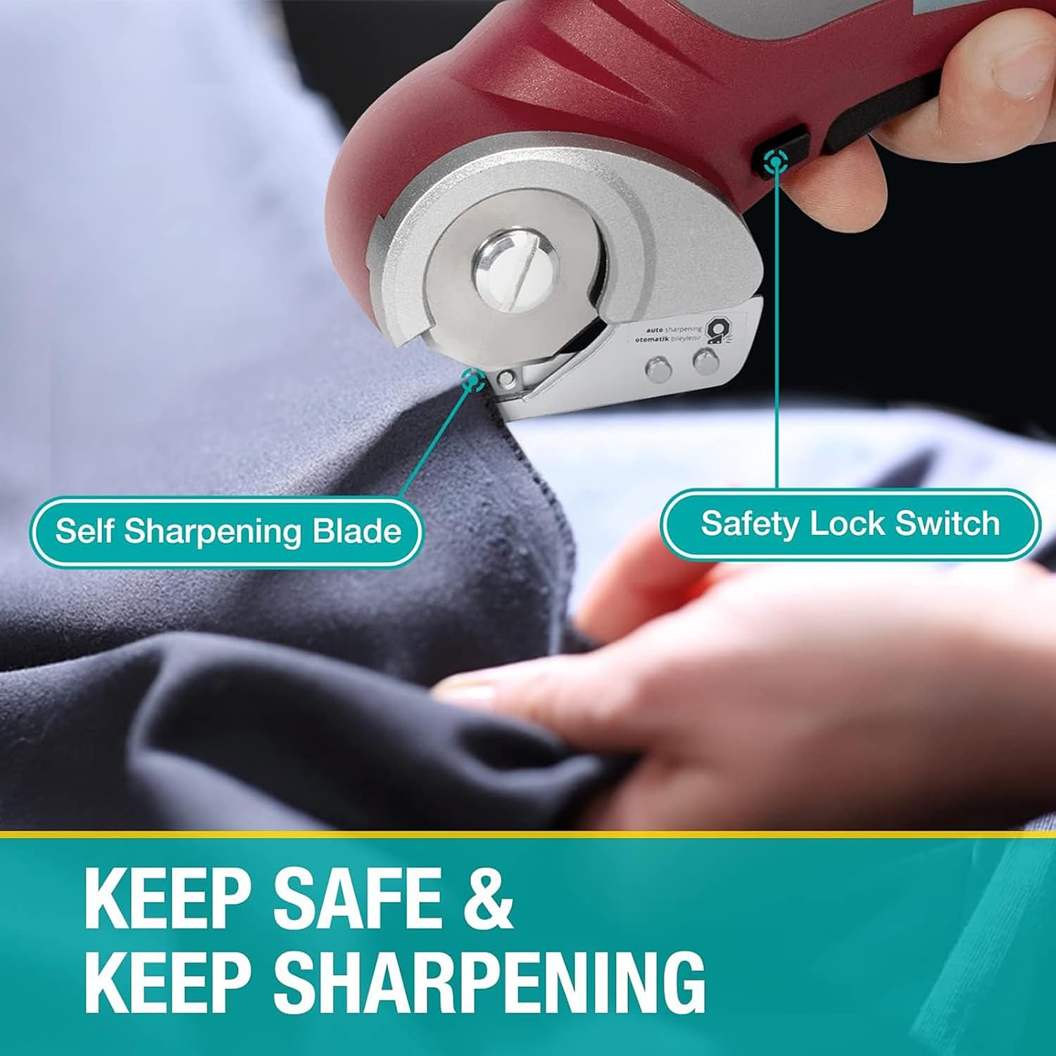 Close-up of VLOXO electric scissors showing self-sharpening blade and safety lock switch