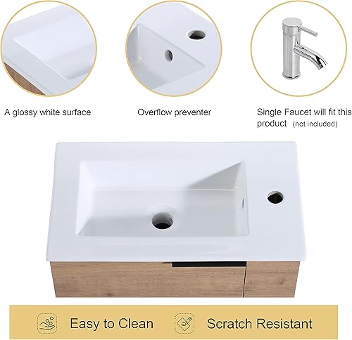 Miniatura 4 de Malwee Tocador de baño flotante de 22 pulgadas con lavabo, Tocador de baño de lavabo individual de 22 pulgadas montado en la pared, con 1 puerta y