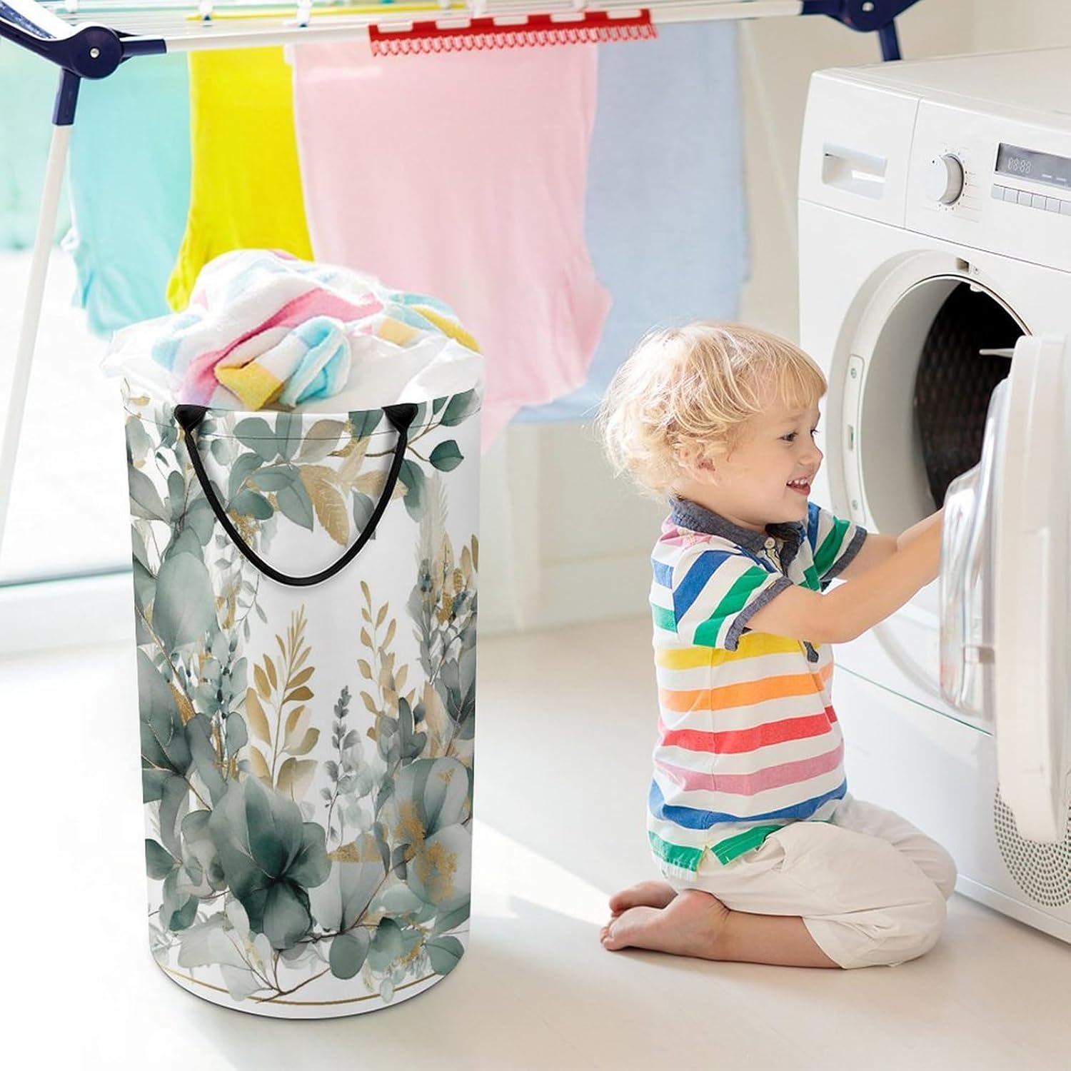 Gold And Green Leaves Laundry Basket Freestanding Laundry Hamper with Handles Waterproof Dirty Clothes Hamper Collapsible Washing Bin Aesthetic Clothes Basket for Bathroom Bedroom Dorm