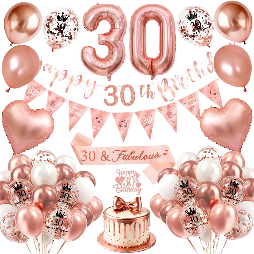 Rose Gold 30th Birthday Decoration for Women, Rose Gold Balloons with 30 Happy Birthday Banner, Birthday Sash, Cake Topper,30 Foil Balloons for 30th Birthday Party Decoration