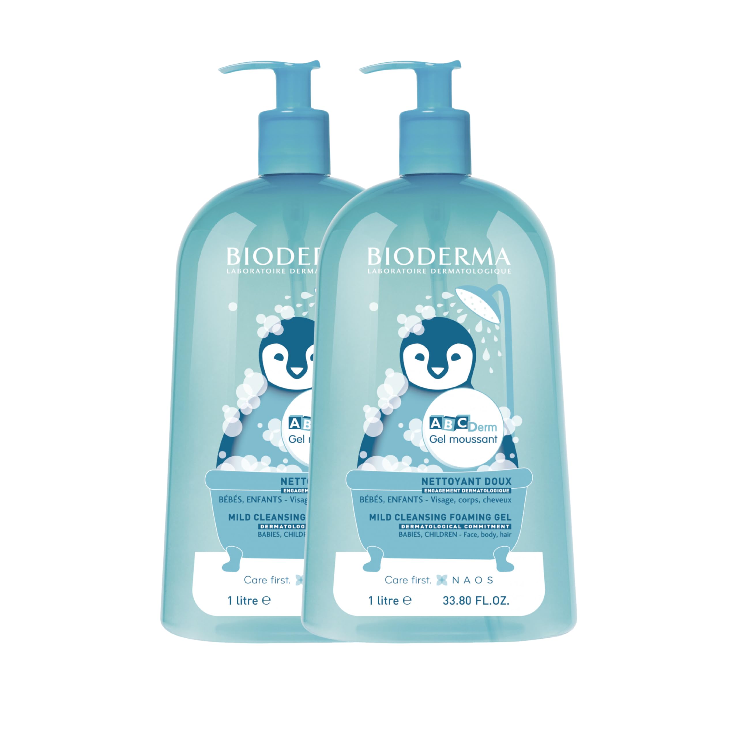 BIODERMA ABCDerm Limpiador de espuma suave, respeta el equilibrio de la piel y el cabello, piel y cabello suaves, para cuerpo, cara y cabello, juego de 2 x 1 L
