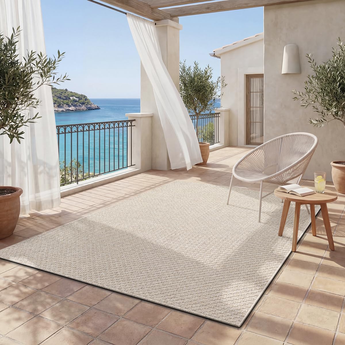 the carpet Maldives – Tapis d'extérieur résistant avec Design Boho et Vintage, imperméable et Facile d'entretien, pour Balcon, terrasse & Jardin, Beige, 200 x 290 cm