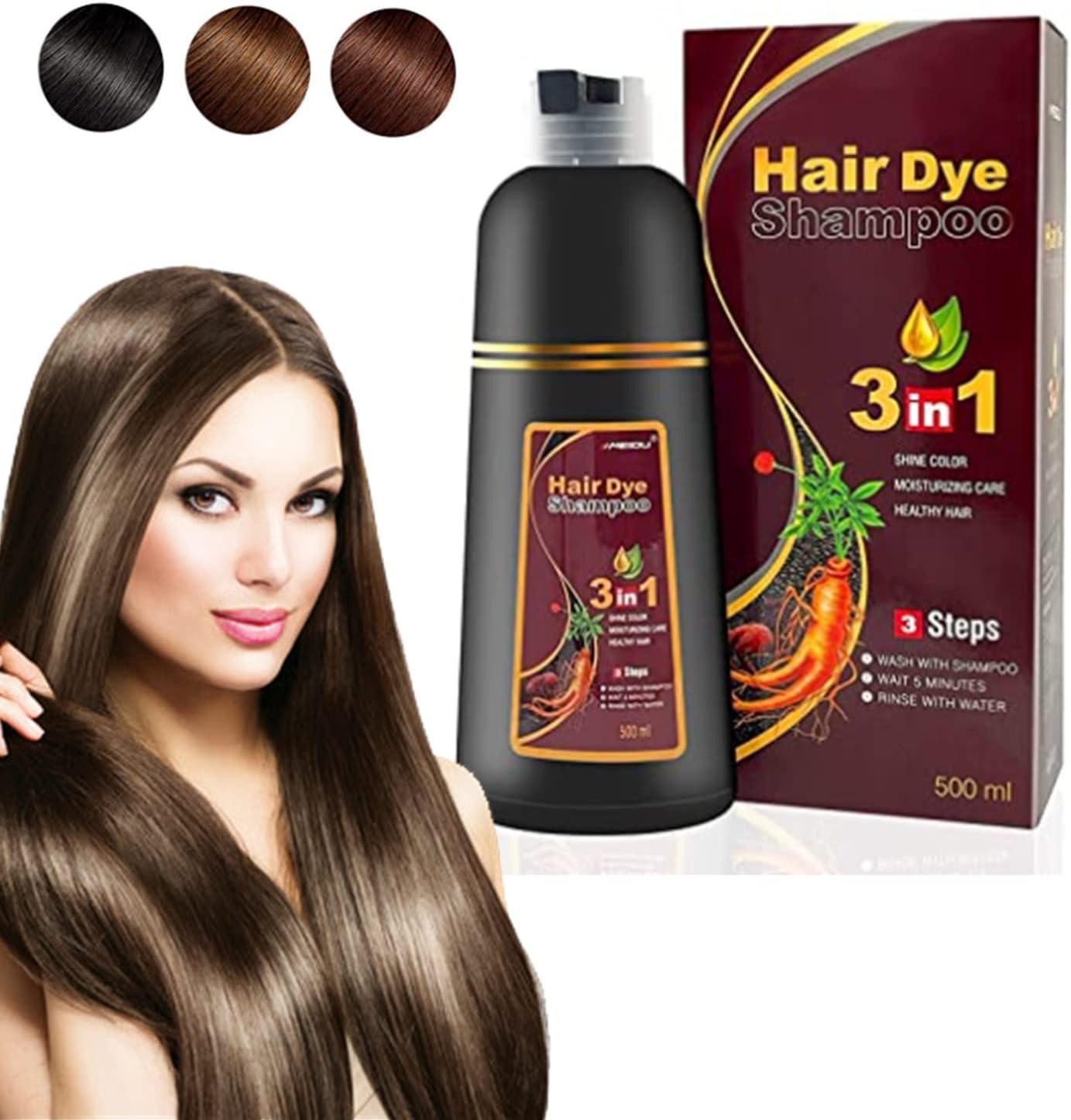 Black Instant Hair Color Shampoo for Gray Hair, 500ML Black Hair Dye 3 in 1 Shampoo, Shampoo Con Color Para Cubrir Canas,Herbal Coloring in Minutes for Women & Men (Brown)