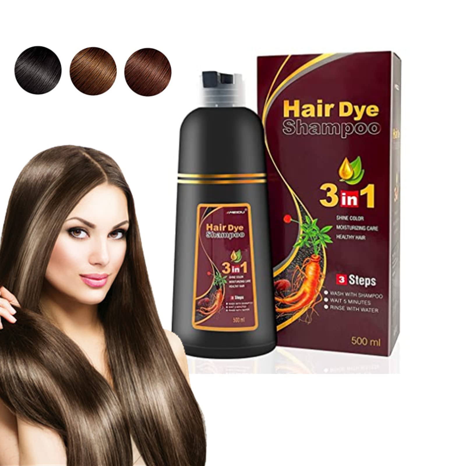 Black Instant Hair Color Shampoo for Gray Hair, 500ML Black Hair Dye 3 in 1 Shampoo, Shampoo Con Color Para Cubrir Canas,Herbal Coloring in Minutes for Women & Men (Brown)