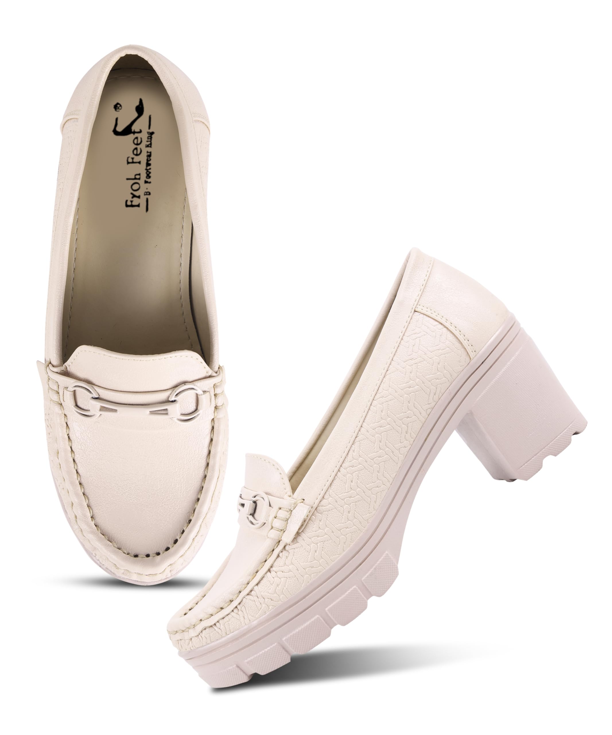 Froh Feet: Textured Heeled Loafers with Platform and Decorative Strap-image-37