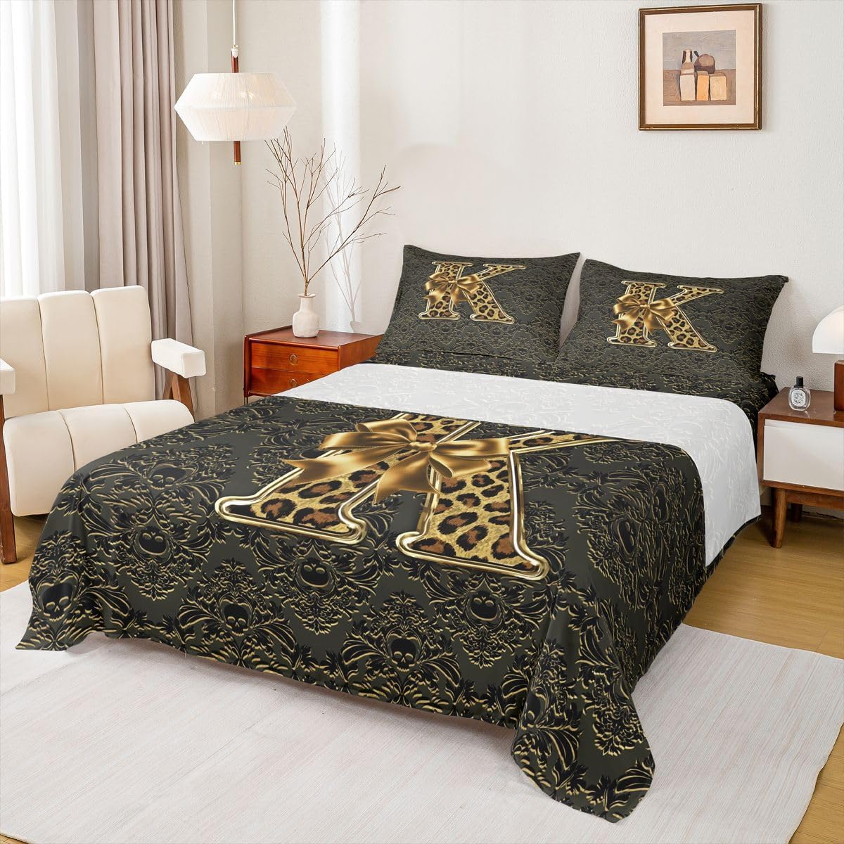 Erosebridal Brown Leopard Print Letter K Bow Sheet Set Gothic Damask Sugar Skull Full Size Bed Sheets for Toddler Boys,Vintage Floral Victorian Coquette Aesthetic Masculine Bedding Set