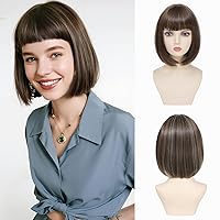 Vista 1 de Peluca Bob Marrón Ceniza con Flequillo, Peluca Corta y Lisa para Mujeres y Niñas, 12 Pulgadas, Resistente al Calor, Peluca de Cabello Bob Sintético