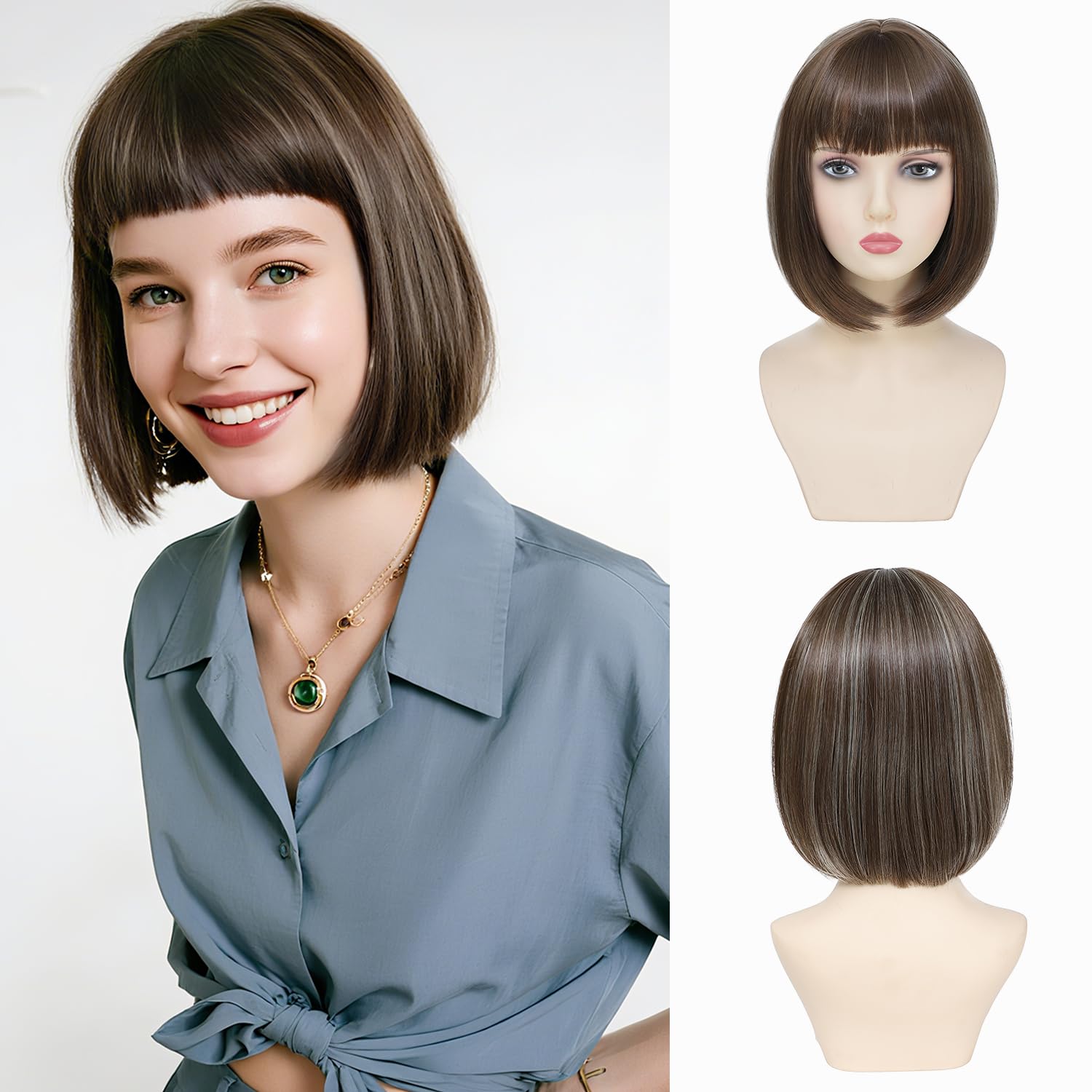 Amazon.com : Ash Brown Bob Wig with Bangs Short Straight Wig  display picture 3
