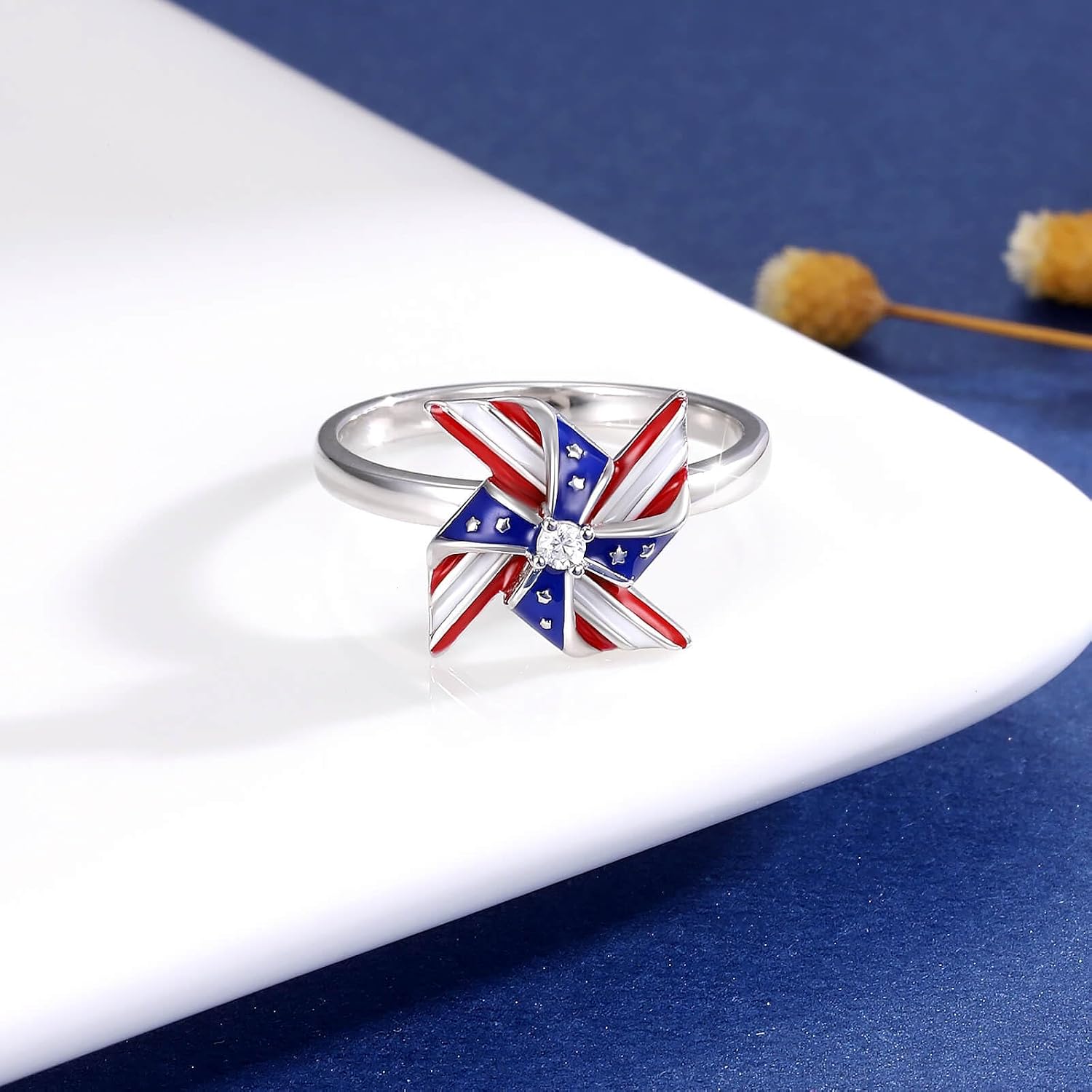 APOTIE Silver USA American Flag Ring Patriotic Spinner Rings 4th of July Independence Day Jewelry Gifts for Women