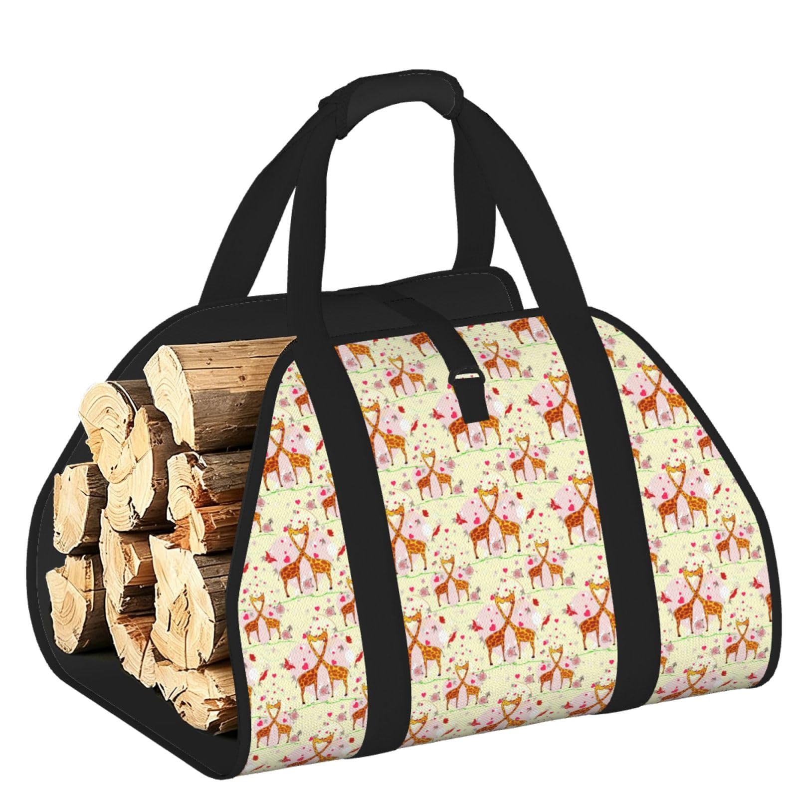 Ayyqwe Black Giraffe Heart Flower Butterfly Print Firewood Bag Wood Waterproof Versatile Camping Picnic Storage Daily Home
