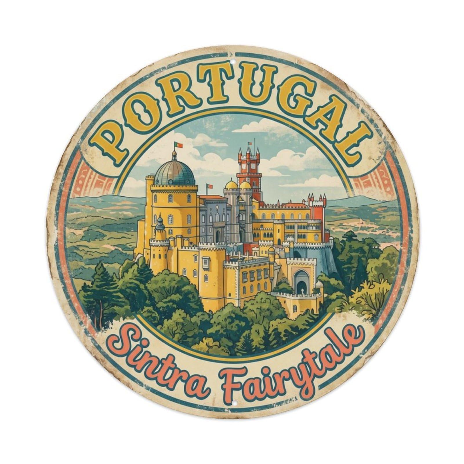 Vintage Travel Pena Sintra Fairytale Metal Tin Sign Plaque Wall Decor for Cafe, Club Bar, Office, Home Garden Round Metal Poster 8x8Inch