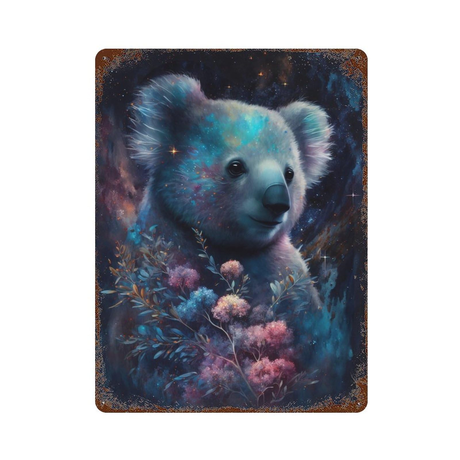 Rust Effect Cosmic Koala with Flowers-3 Distressed Metal Wall Sign 15.7"x11.8", Shabby Chic Decor for Pub, Kitchen And Man Cave Decor