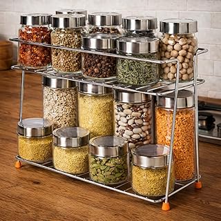 CHHAAP Stainless Steel 2 Layer Spice Rack | Modular Kitchen Storage Organizer | Multipurpose Shelf for Countertop, Tabletop | Tiered Silver Rack (Pack
