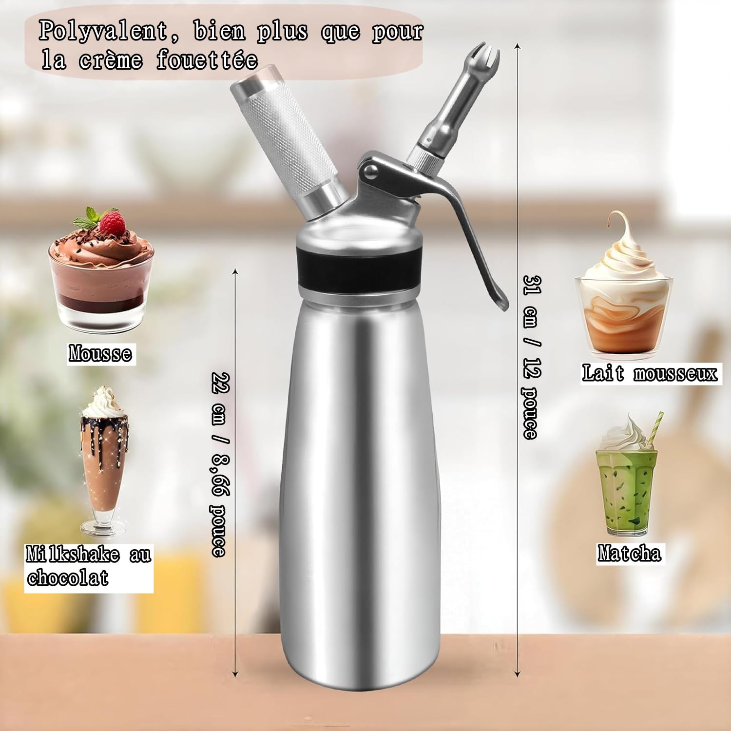 MALLOOM Siphon à Crème Chantilly Professionnel Siphon à Chantilly en Aluminium 500 ML / 1 Pinte avec 6 Douilles de Décoration, 1 Capuchon de Protection, 2 Brosses de Nettoyage