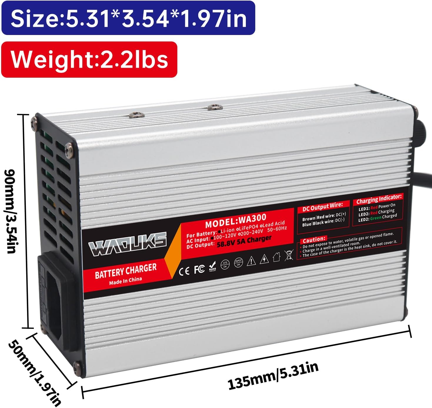 58.8V 5A Li-ion Battery Charger with Cooling Fan and Output XLR 3 Prong Connector Smart Charge Used for 14S 52V 51.8V Lithium Battery Fast Charger